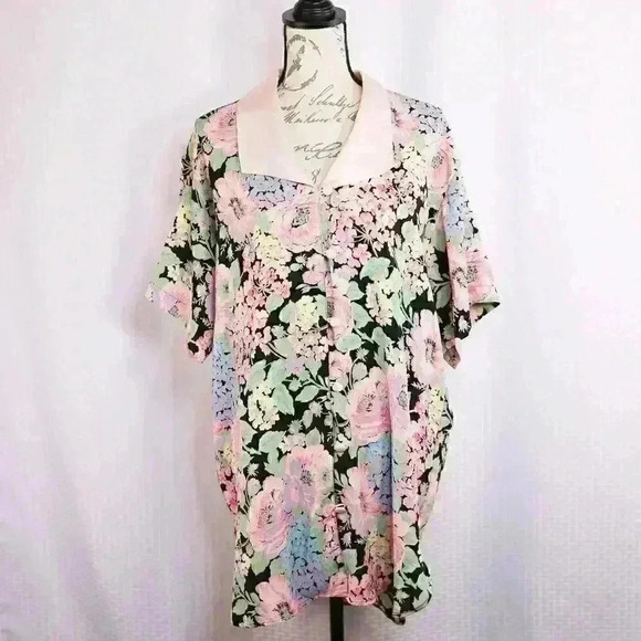 Victoria's Secret Gold Label Size P/S rose/black floral button down short sleeve - Picture 1 of 15